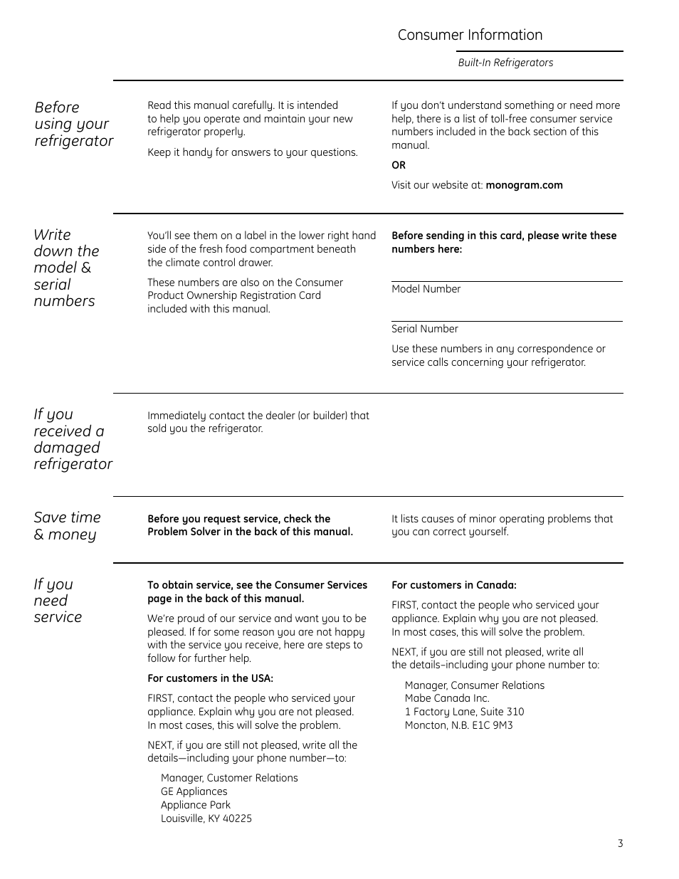 Model and serial numbers, Product registration, If you received a damaged refrigerator | Save time & money, If you need service, Consumer information, Before using your refrigerator, Write down the model & serial numbers | GE Monogram Side-by-Side Built-In Refrigerators User Manual | Page 3 / 32