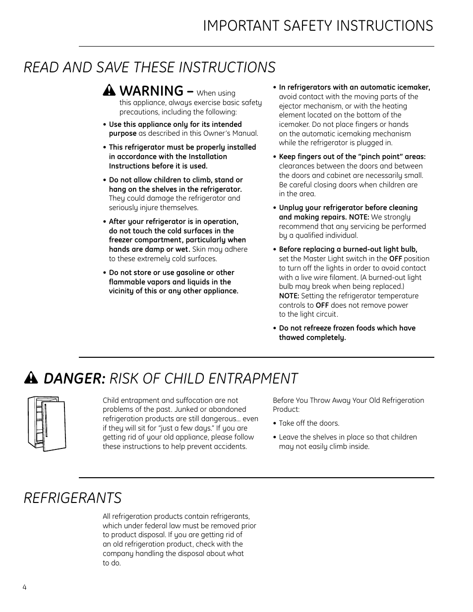 Safety instructions, Safety instructions –7, Important safety instructions refrigerants | W danger: risk of child entrapment, Read and save these instructions, W warning | GE Monogram Side-by-Side Built-In Refrigerators User Manual | Page 4 / 32
