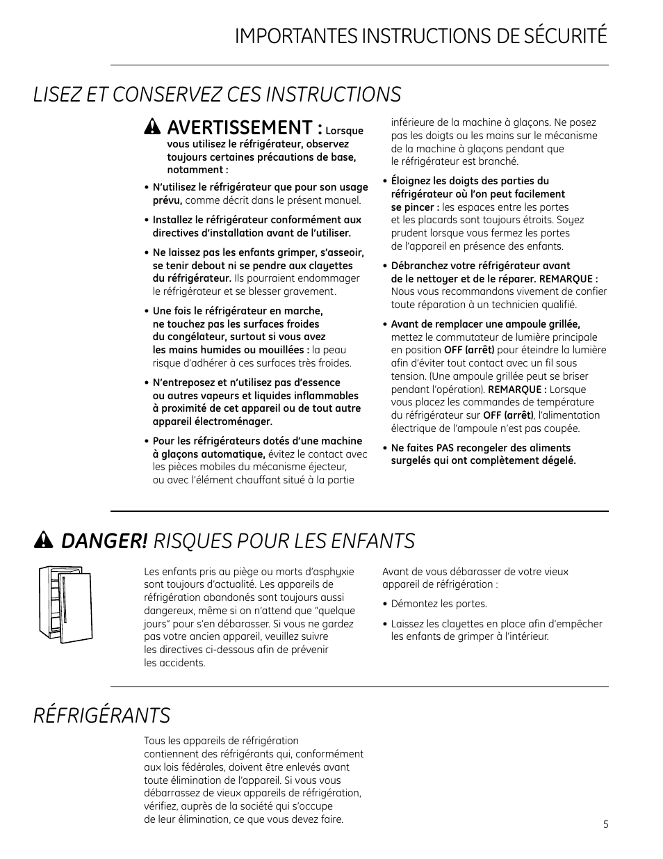 Importantes instructions de sécurité réfrigérants, W danger! risques pour les enfants, Lisez et conservez ces instructions | W avertissement | GE Monogram Side-by-Side Built-In Refrigerators User Manual | Page 5 / 32