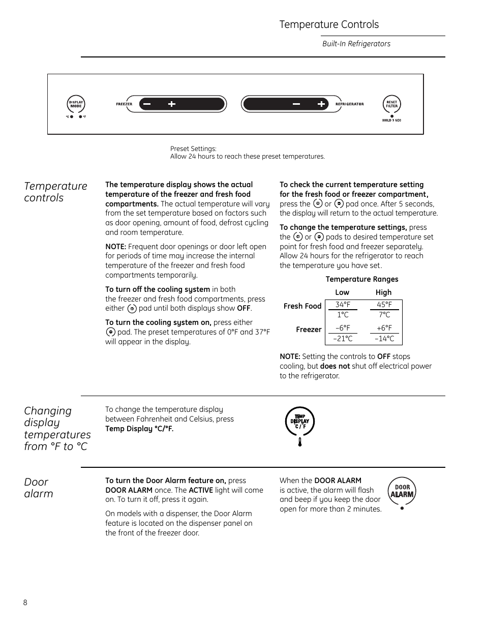 Temperature controls, Door alarm | GE Monogram Side-by-Side Built-In Refrigerators User Manual | Page 8 / 32