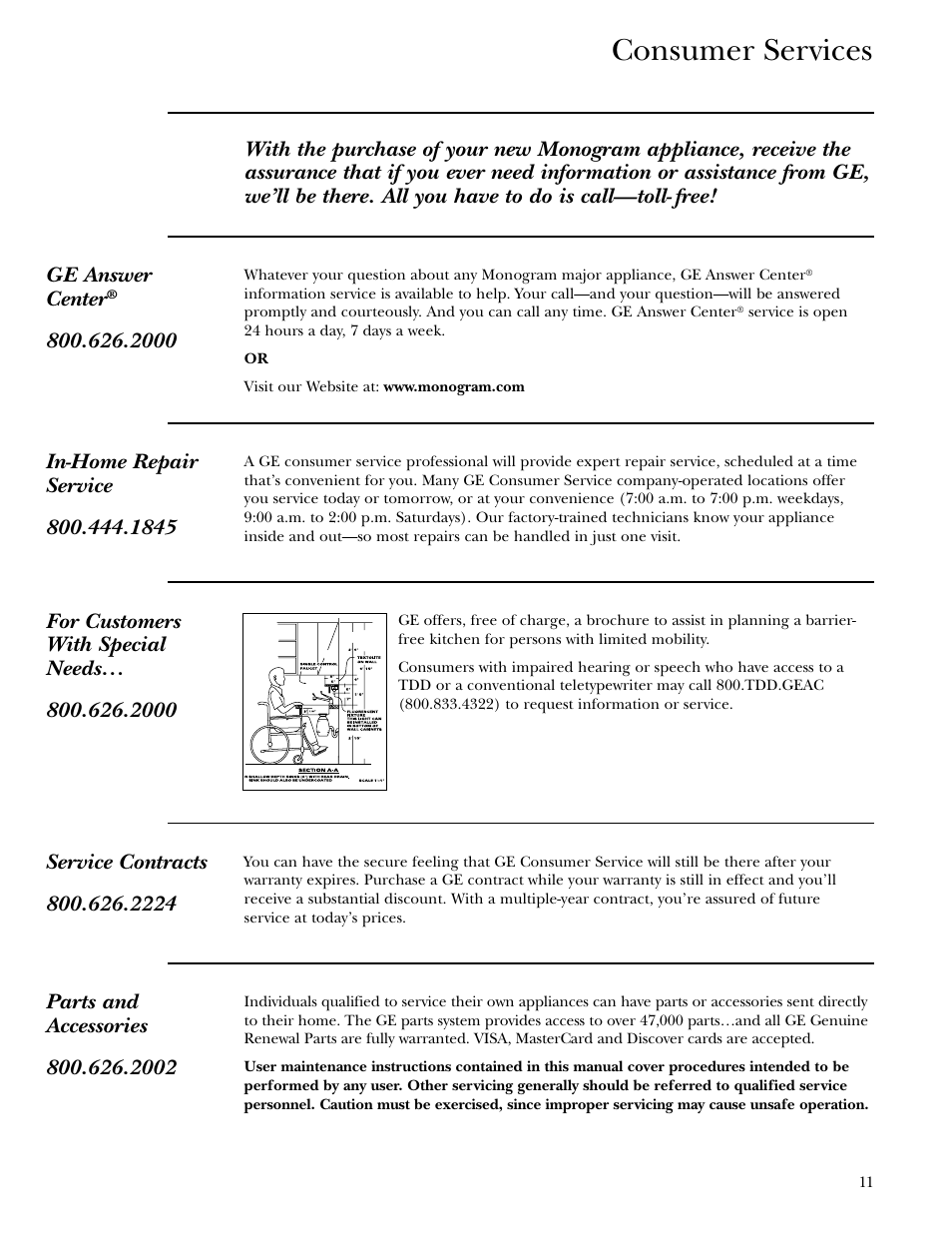 Important phone numbers, Consumer services | GE Monogram ZV48 User Manual | Page 11 / 12