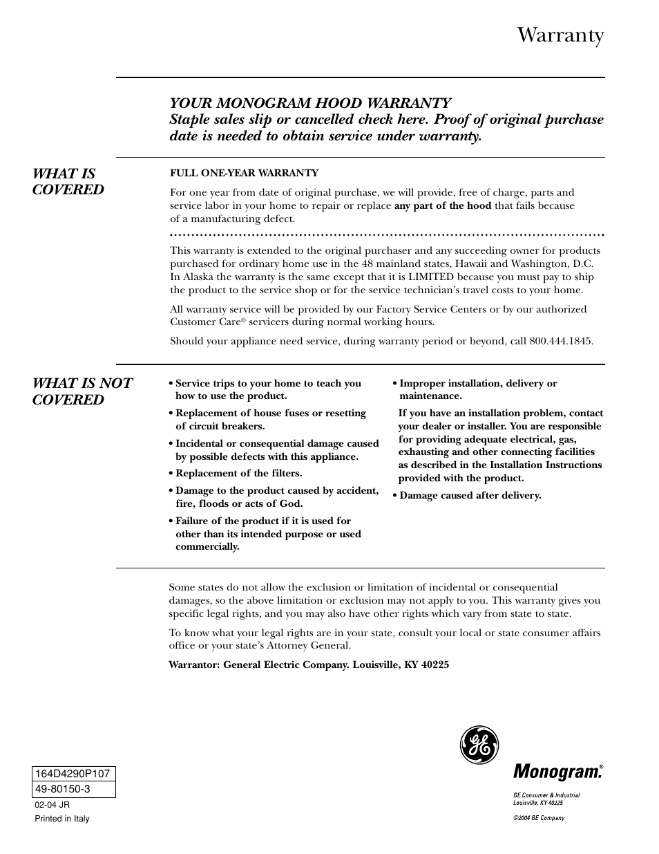 Warranty, What is not covered | GE Monogram ZV48 User Manual | Page 12 / 12