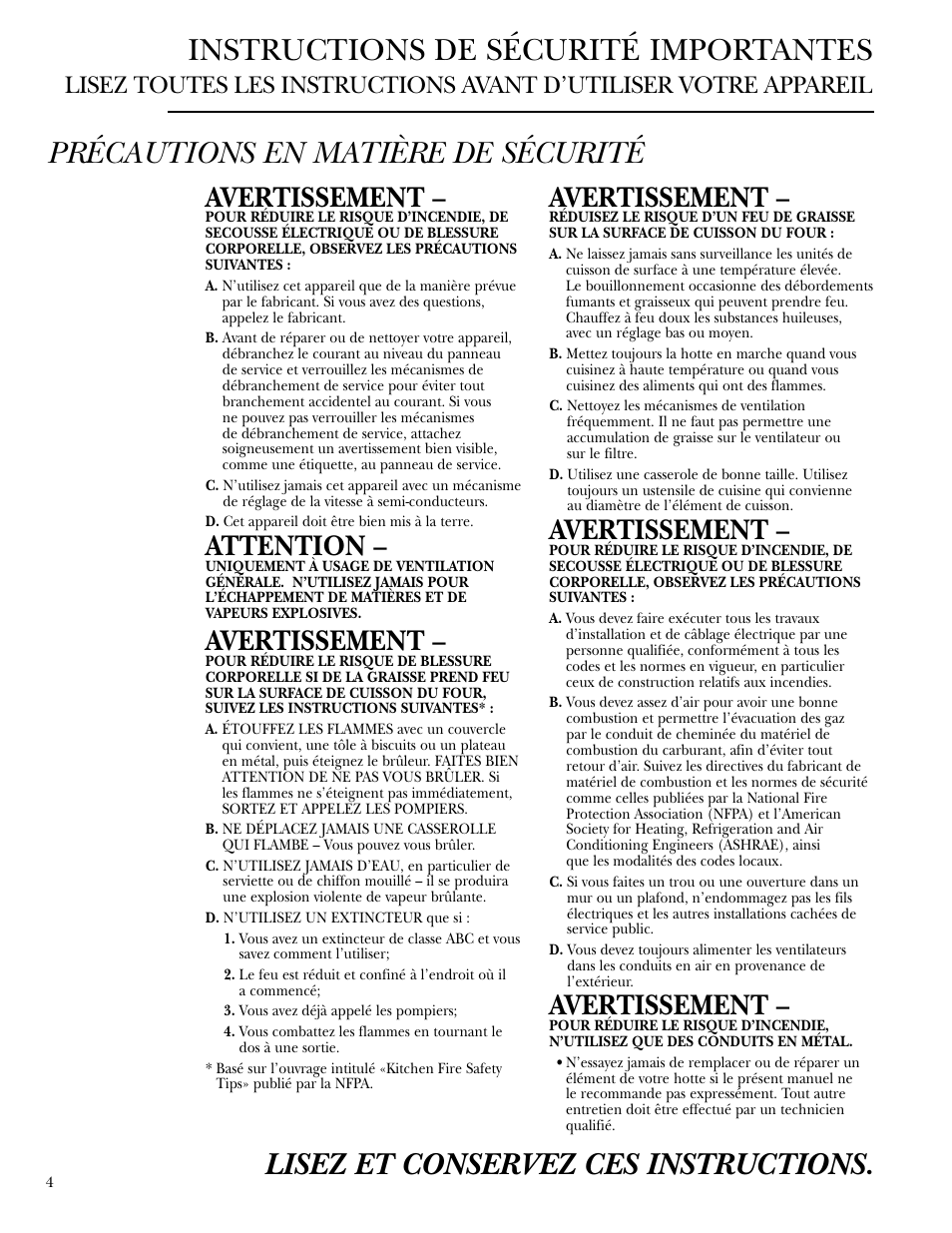 Instructions de sécurité importantes, Avertissement, Attention | GE Monogram ZV48 User Manual | Page 4 / 12