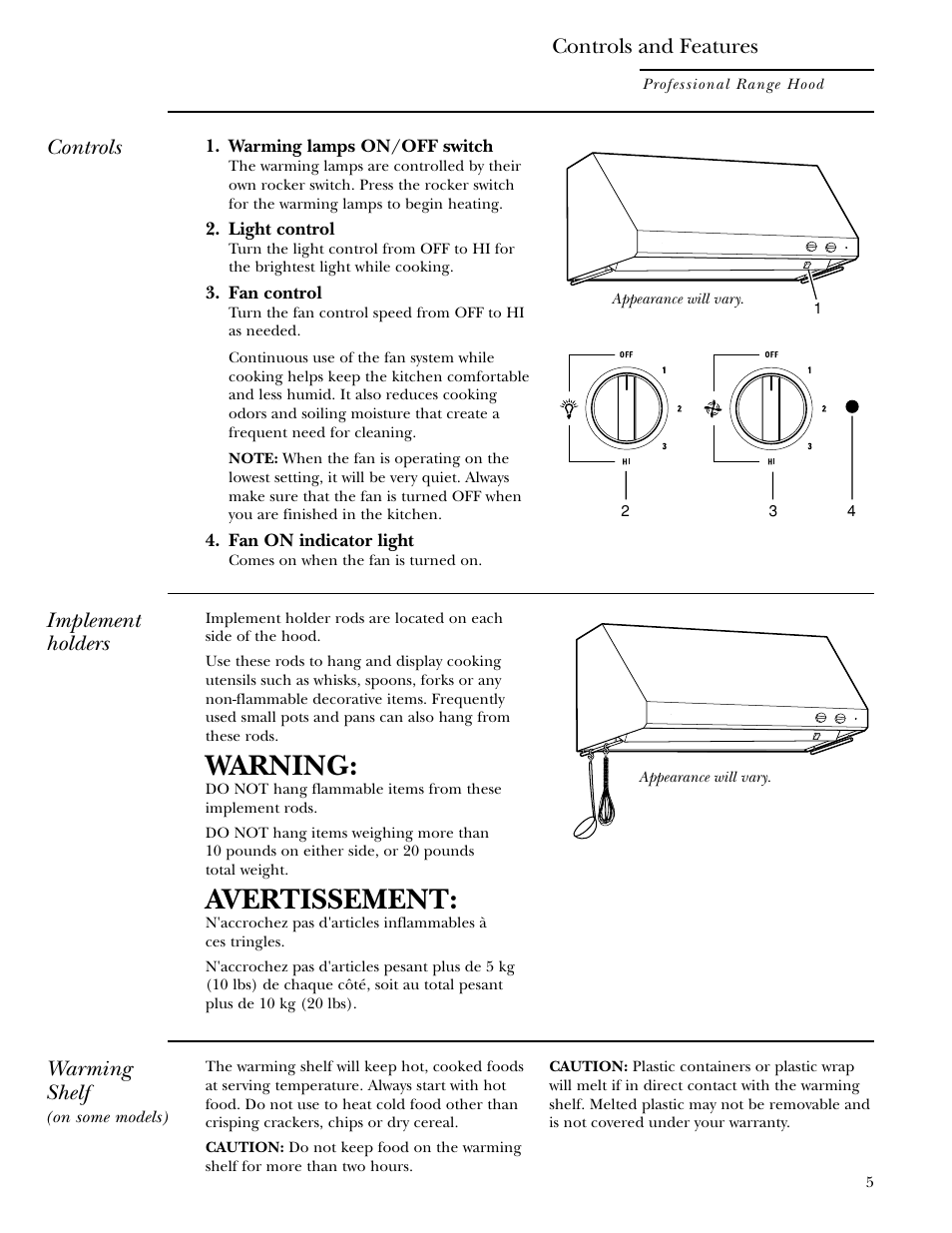Controls and features, Warning, Avertissement | Controls, Implement holders, Warming shelf | GE Monogram ZV48 User Manual | Page 5 / 12