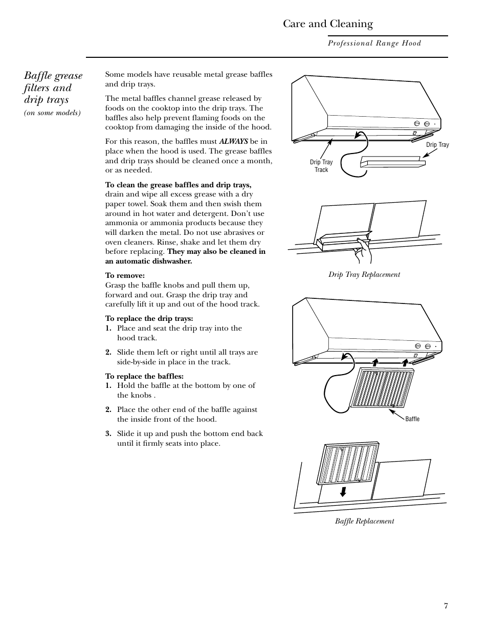 Baffle grease filters, Drip trays, Baffle grease filters drip trays | Baffle grease filters and drip trays, Care and cleaning | GE Monogram ZV48 User Manual | Page 7 / 12