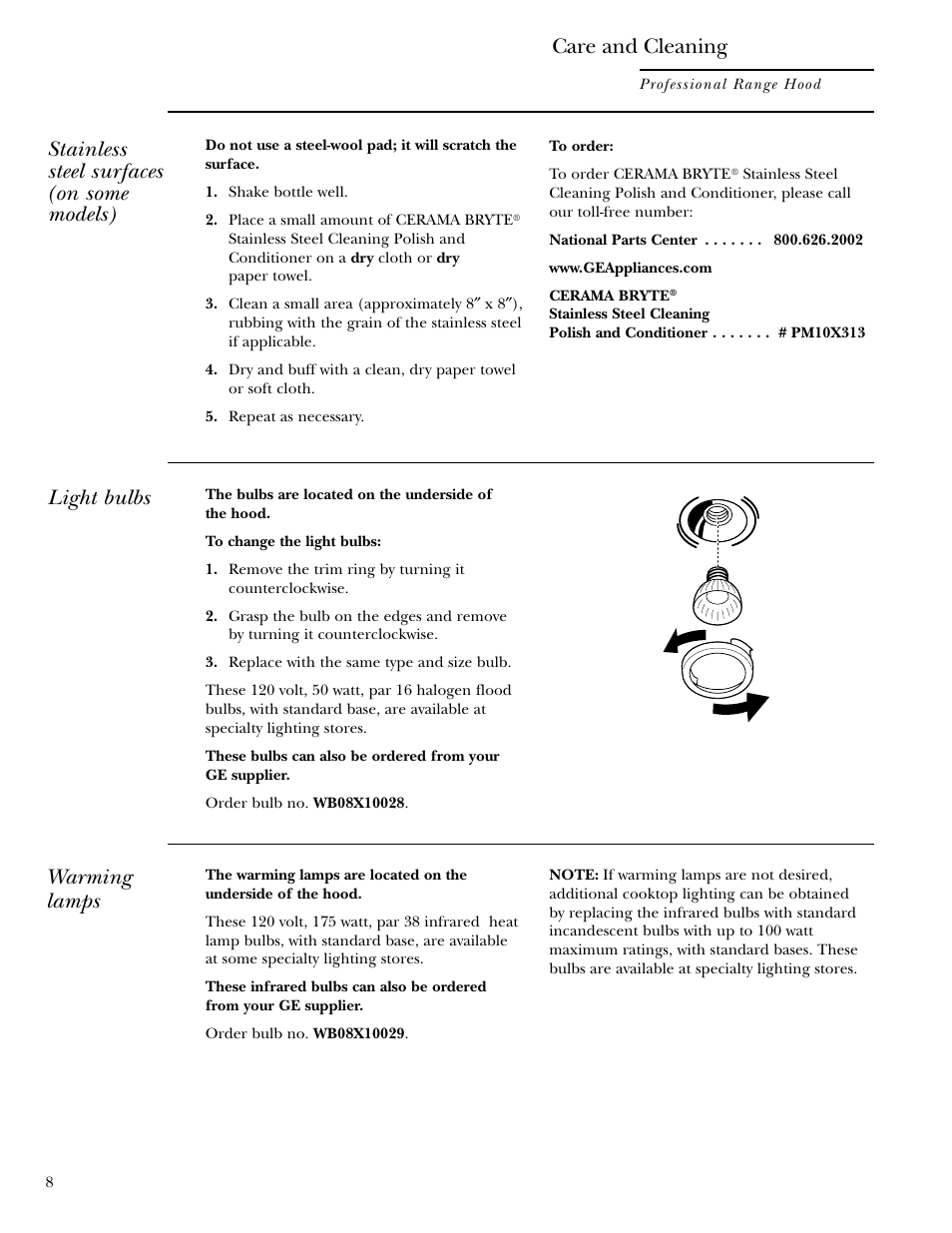Hood surfaces, Light bulbs, Warming lamps | Hood surfaces light bulbs, Care and cleaning, Stainless steel surfaces (on some models) | GE Monogram ZV48 User Manual | Page 8 / 12