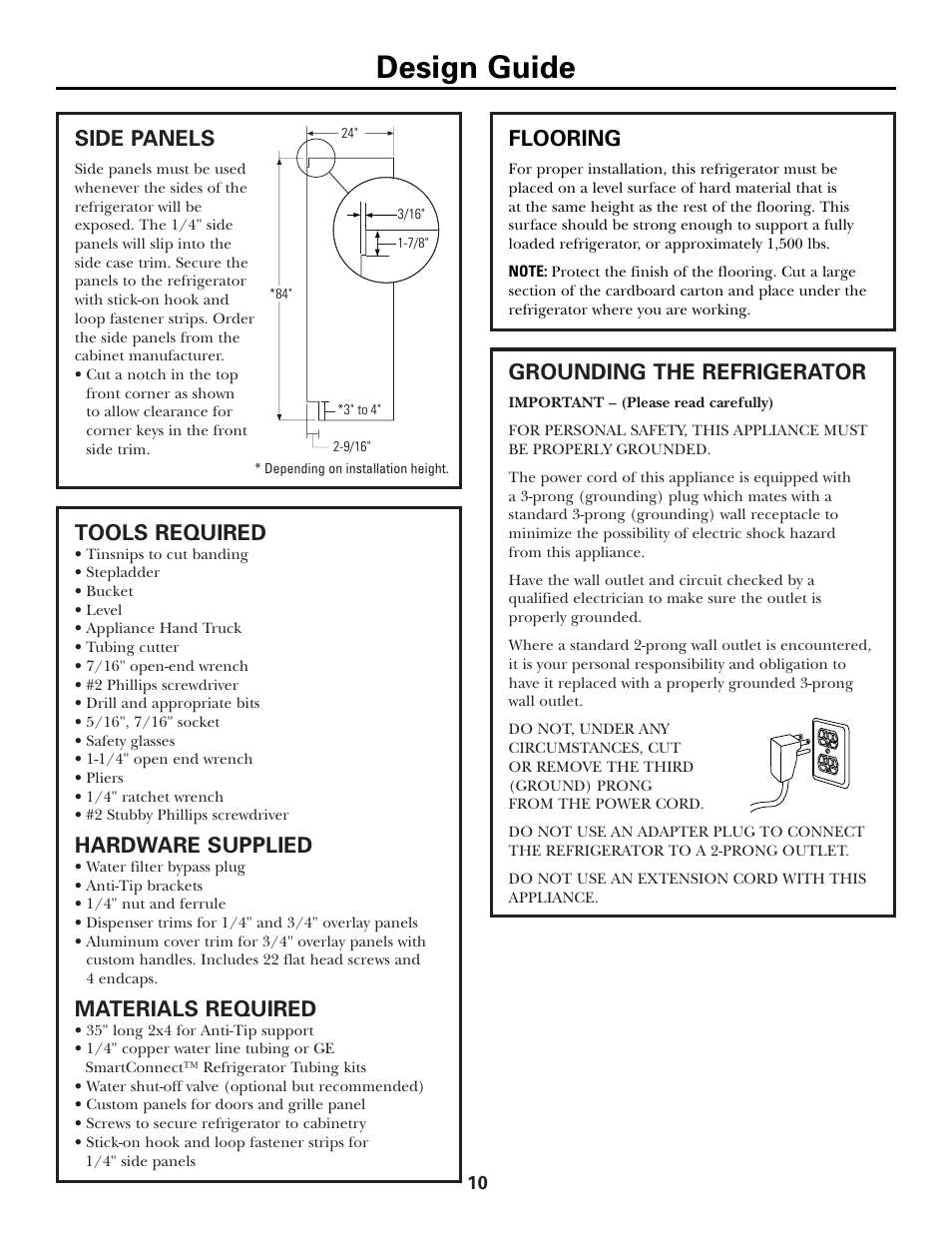 Side panels, Tools, hardware, materials, Grounding the refrigerator | Design guide, Tools required, Hardware supplied, Materials required, Flooring | GE Monogram Side by Side Refrigerators User Manual | Page 10 / 20