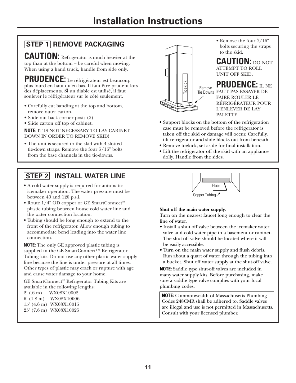 Step 1, remove packaging, Step 2, install water line, Installation instructions | Caution, Prudence, Step 1 remove packaging, Step 2 install water line | GE Monogram Side by Side Refrigerators User Manual | Page 11 / 20
