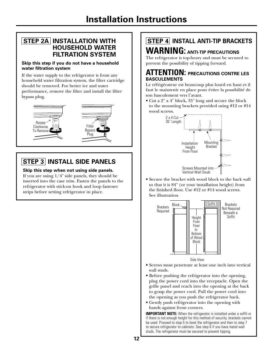 Step 2a, ro water line, Step 3, install side panels, Step 4, install anti-tip brackets | Warning, Installation instructions, Attention, Step 3 install side panels, Step 4 install anti-tip brackets | GE Monogram Side by Side Refrigerators User Manual | Page 12 / 20