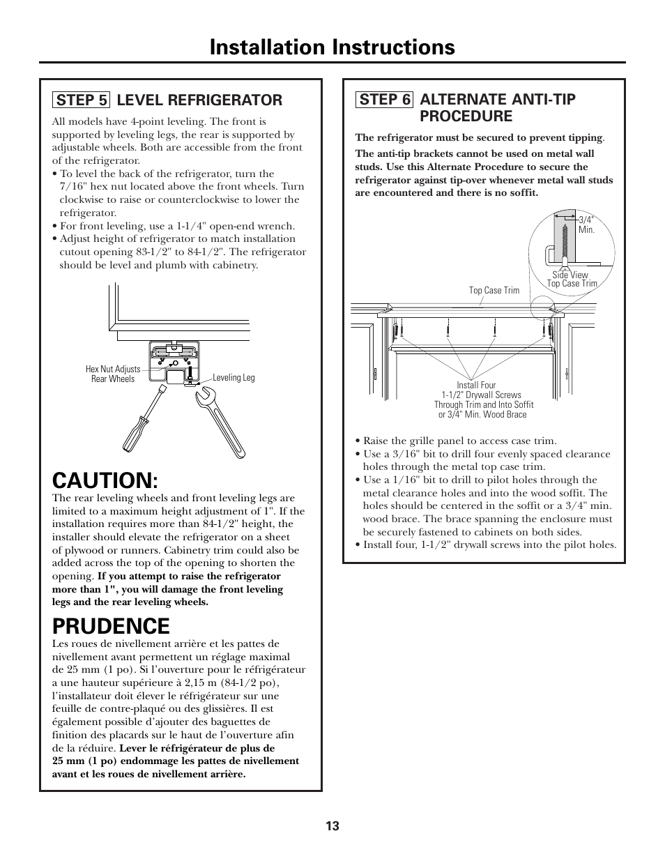 Step 5, level refrigerator, Step 6, alternate anti-tip procedure, Caution | Prudence, Installation instructions, Step 5 level refrigerator, Step 6 alternate anti-tip procedure | GE Monogram Side by Side Refrigerators User Manual | Page 13 / 20