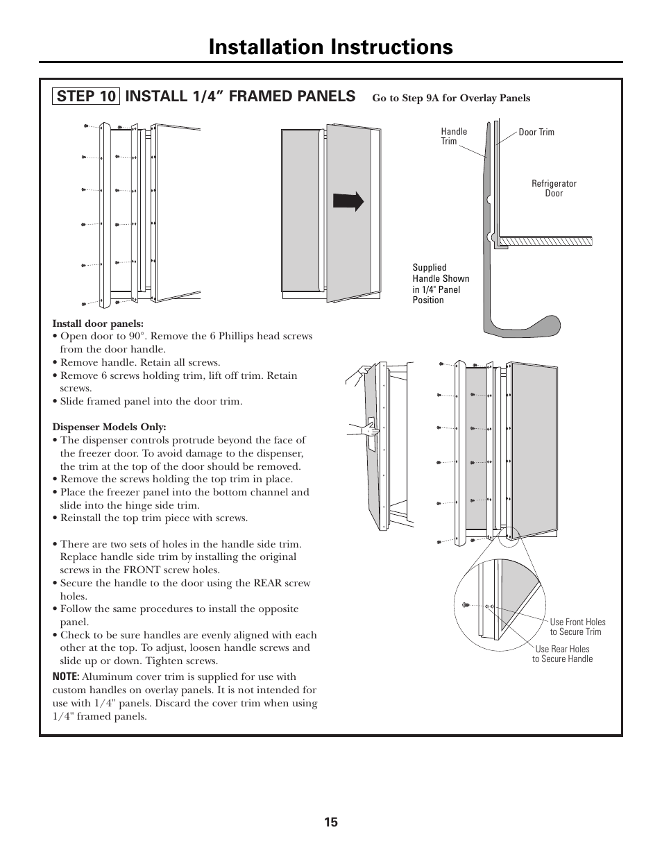 Step 10, install framed panels, Installation instructions, Step 10 install 1/4” framed panels | GE Monogram Side by Side Refrigerators User Manual | Page 15 / 20