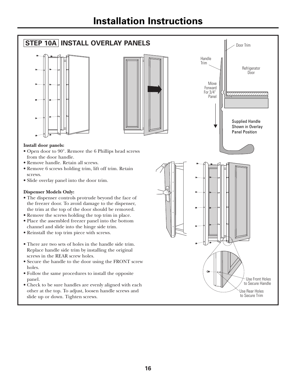 Step 10a, install overlay panels, Step 10a, install overlay panels –17, Installation instructions | Step 10a install overlay panels | GE Monogram Side by Side Refrigerators User Manual | Page 16 / 20