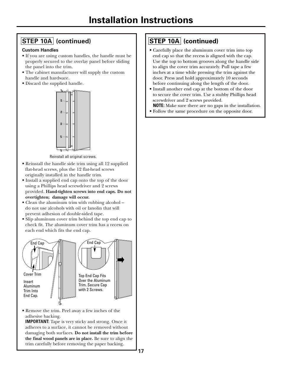 Installation instructions, Step 10a (continued) | GE Monogram Side by Side Refrigerators User Manual | Page 17 / 20