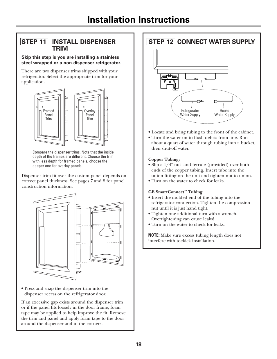 Step 11, install dispenser trim, Step 12, connect water supply, Installation instructions | Step 12 connect water supply, Step 11 install dispenser trim | GE Monogram Side by Side Refrigerators User Manual | Page 18 / 20