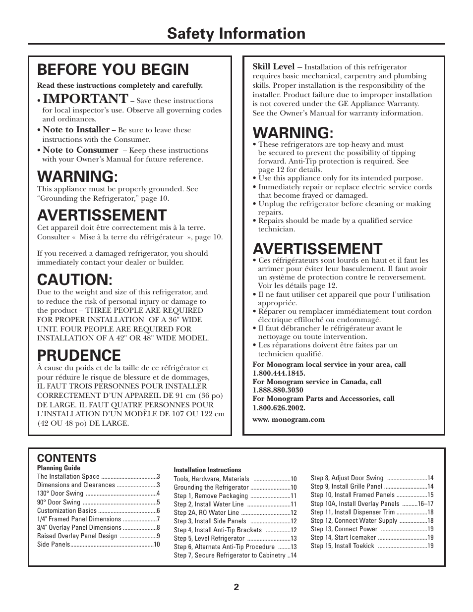 Planning guide, Installation instructions, Safety information | Warning, Avertissement, Before you begin, Caution, Prudence, Important | GE Monogram Side by Side Refrigerators User Manual | Page 2 / 20