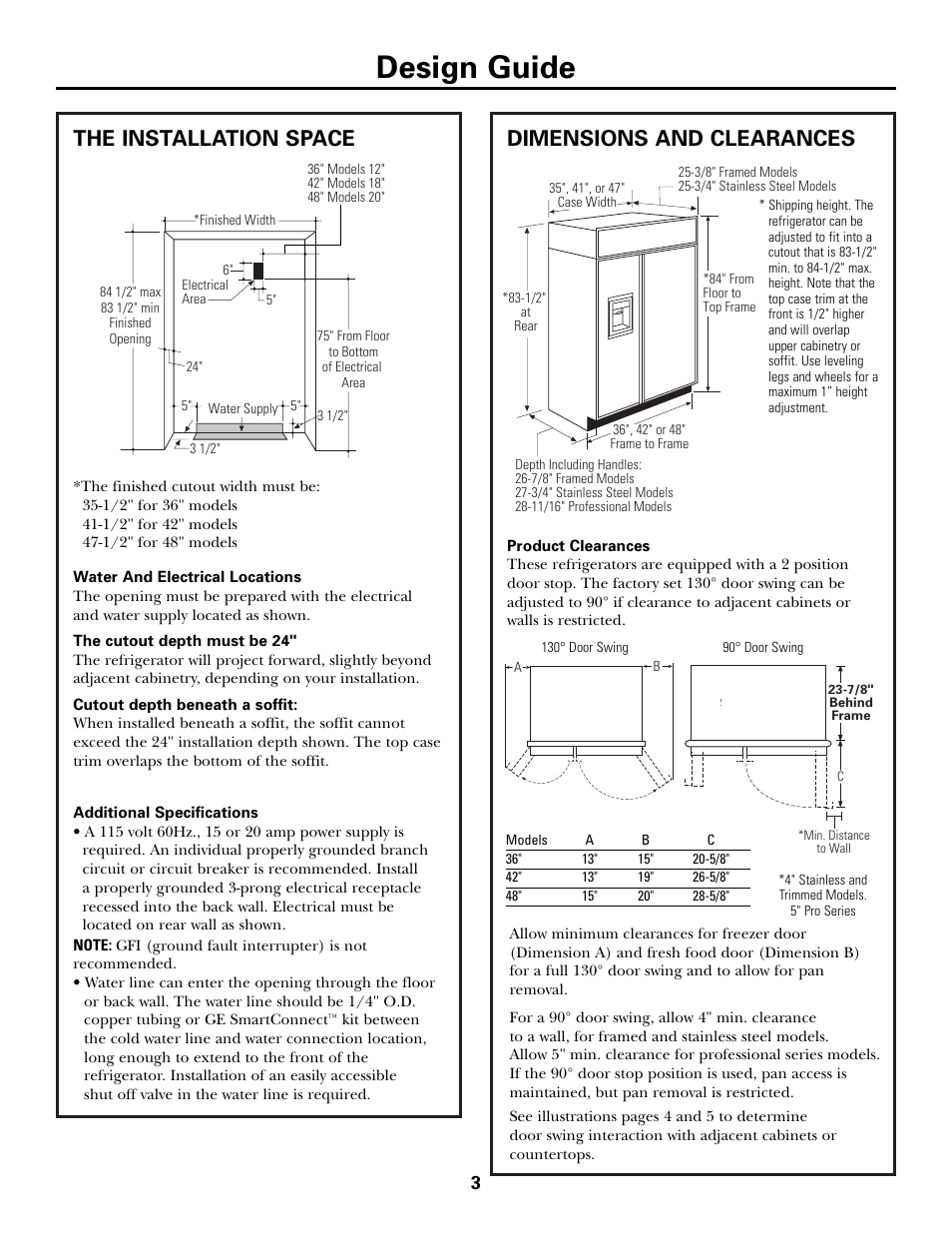 The installation space, Dimensions and clearances, The installation space dimensions and clearances | Design guide | GE Monogram Side by Side Refrigerators User Manual | Page 3 / 20