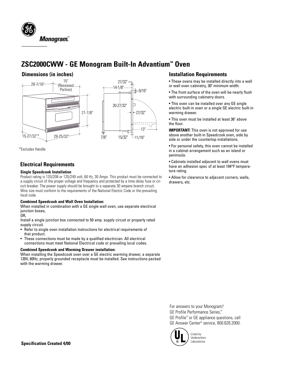 GE Monogram ZSC2000CWW User Manual | 3 pages