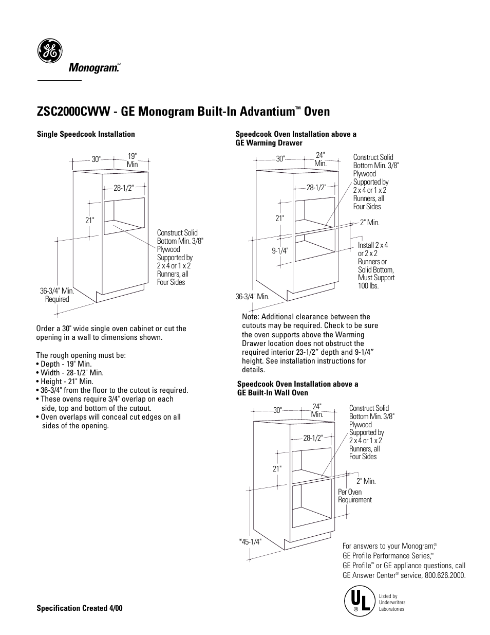 Zsc2000cww - ge monogram built-in advantium, Oven, Monogram | GE Monogram ZSC2000CWW User Manual | Page 2 / 3