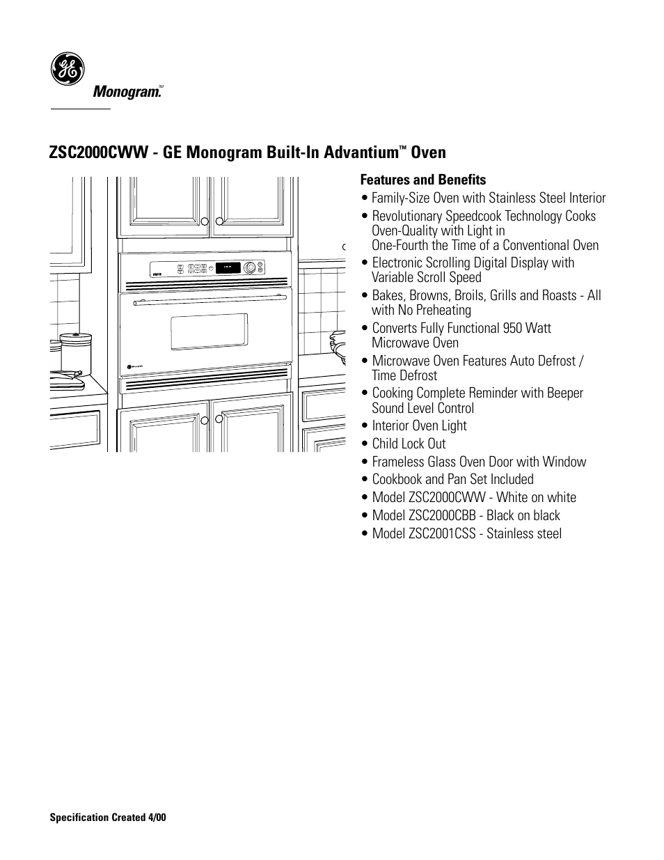 Zsc2000cww - ge monogram built-in advantium, Oven, Monogram | GE Monogram ZSC2000CWW User Manual | Page 3 / 3