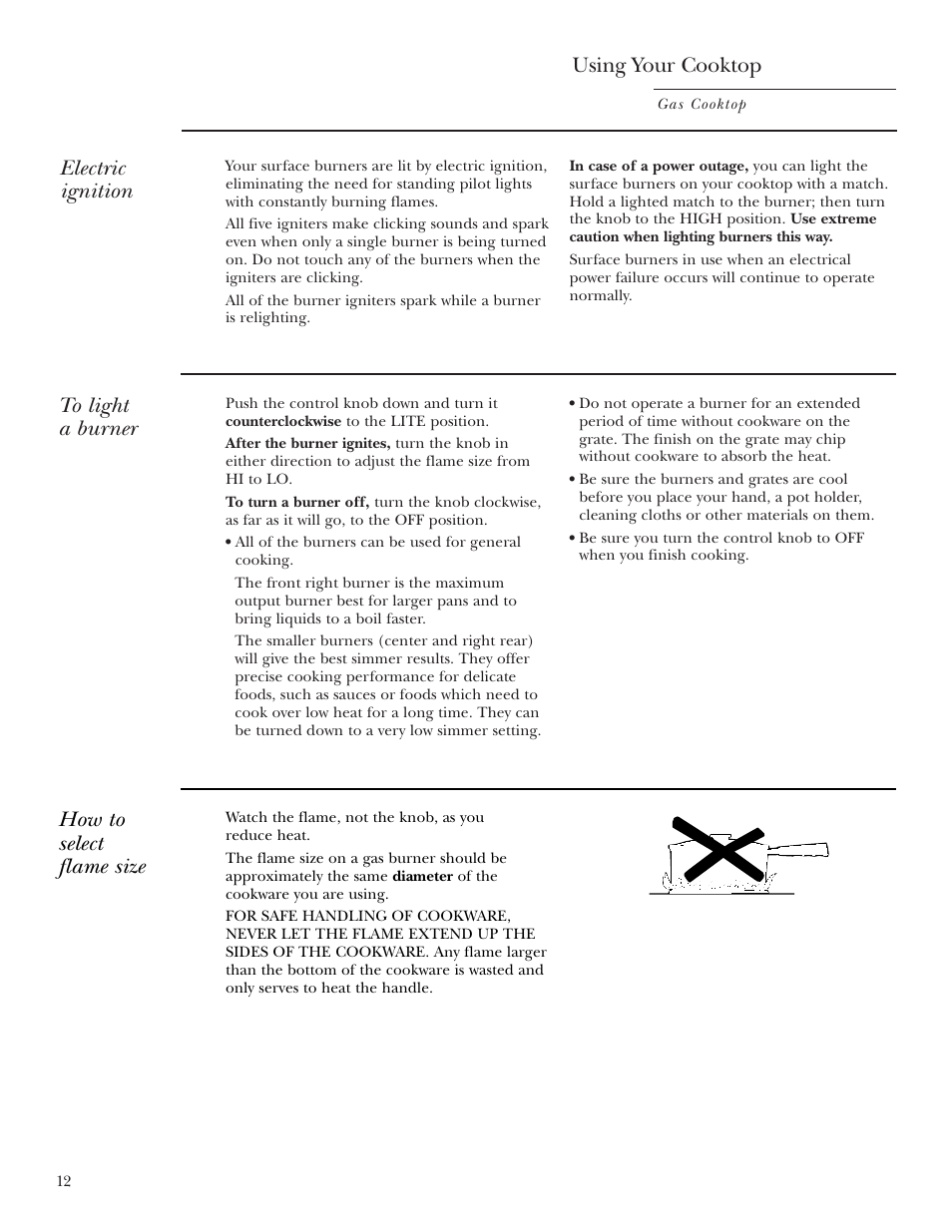 Electric ignition, Flame size, Using your cooktop | GE Monogram ZGU36K User Manual | Page 12 / 24