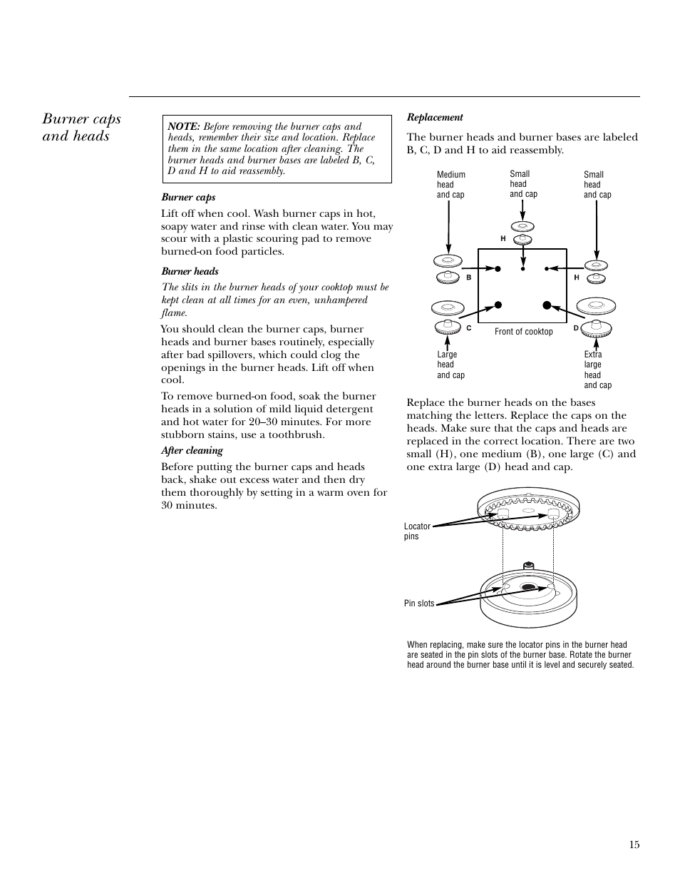 Burner caps and heads | GE Monogram ZGU36K User Manual | Page 15 / 24