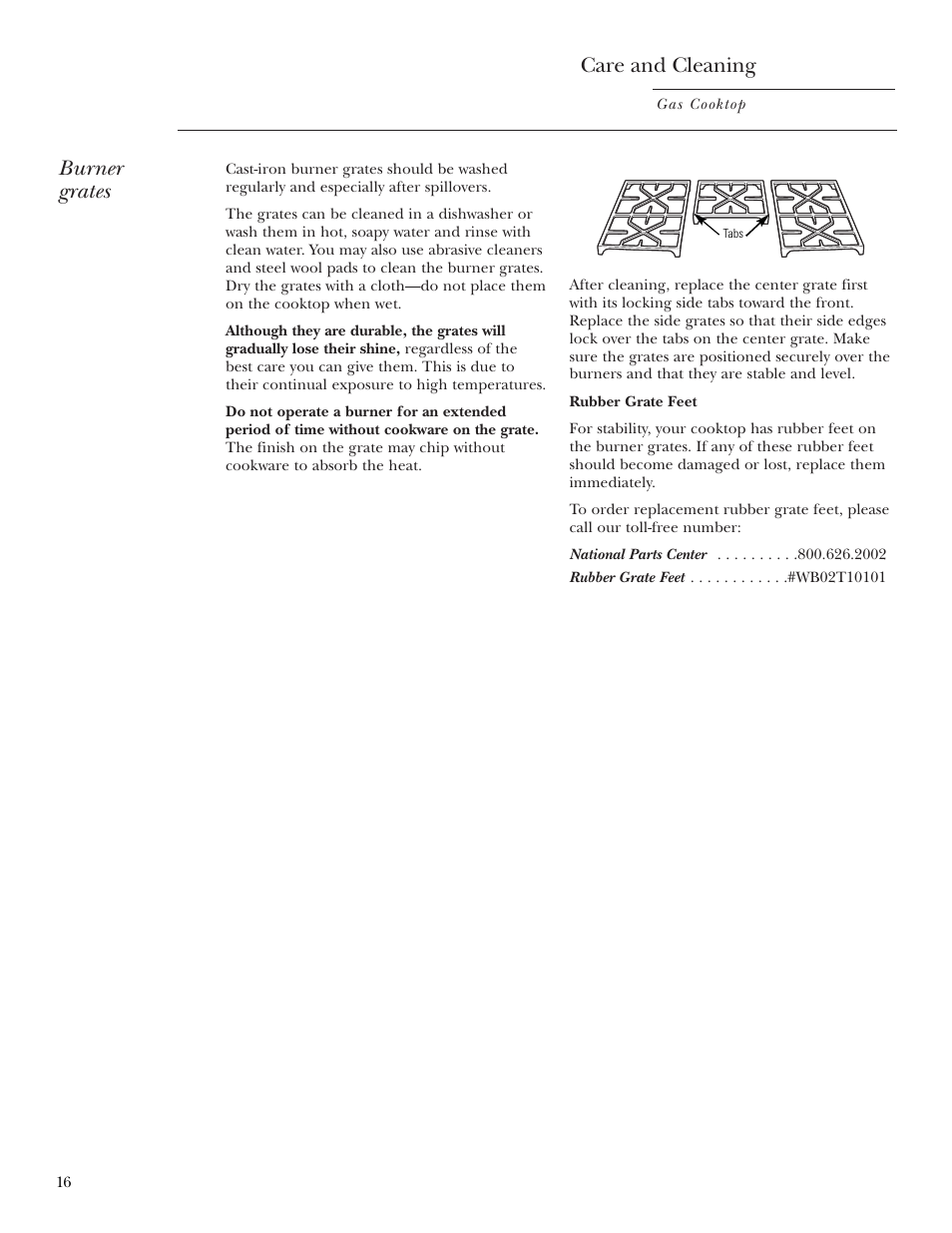 Burner grates, Care and cleaning | GE Monogram ZGU36K User Manual | Page 16 / 24