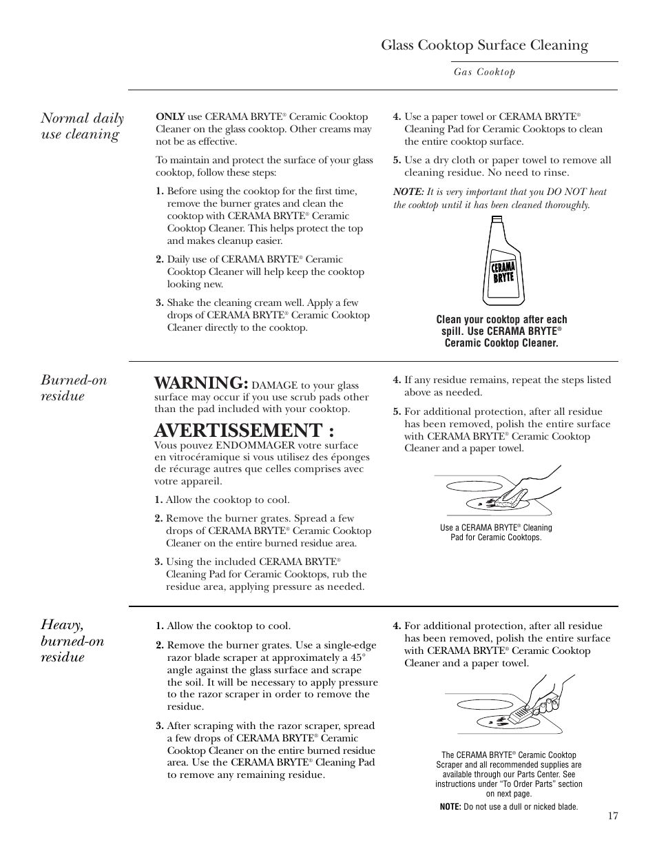 Glass cooktop surface cleaning, Avertissement, Warning | Burned-on residue, Normal daily use cleaning, Heavy, burned-on residue | GE Monogram ZGU36K User Manual | Page 17 / 24