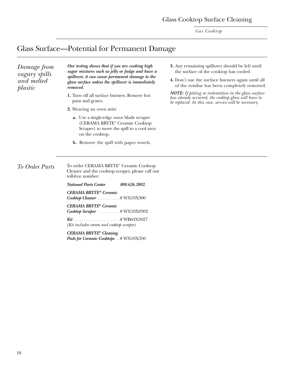 Glass surface—potential for permanent damage, Glass cooktop surface cleaning, Damage from sugary spills and melted plastic | GE Monogram ZGU36K User Manual | Page 18 / 24