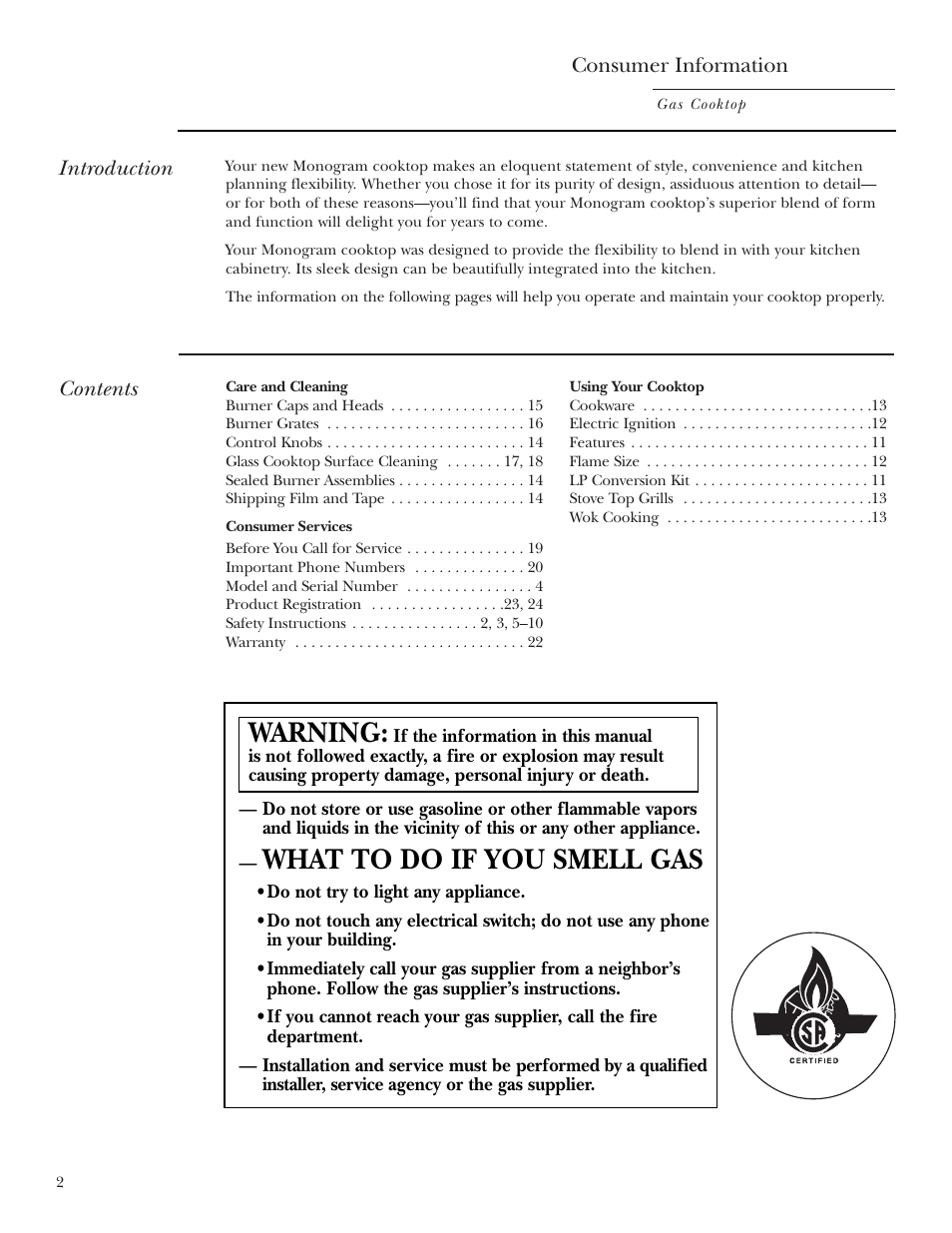 Care and cleaning, Consumer services, Safety instructions | Using your cooktop, What to do if you smell gas, Warning | GE Monogram ZGU36K User Manual | Page 2 / 24