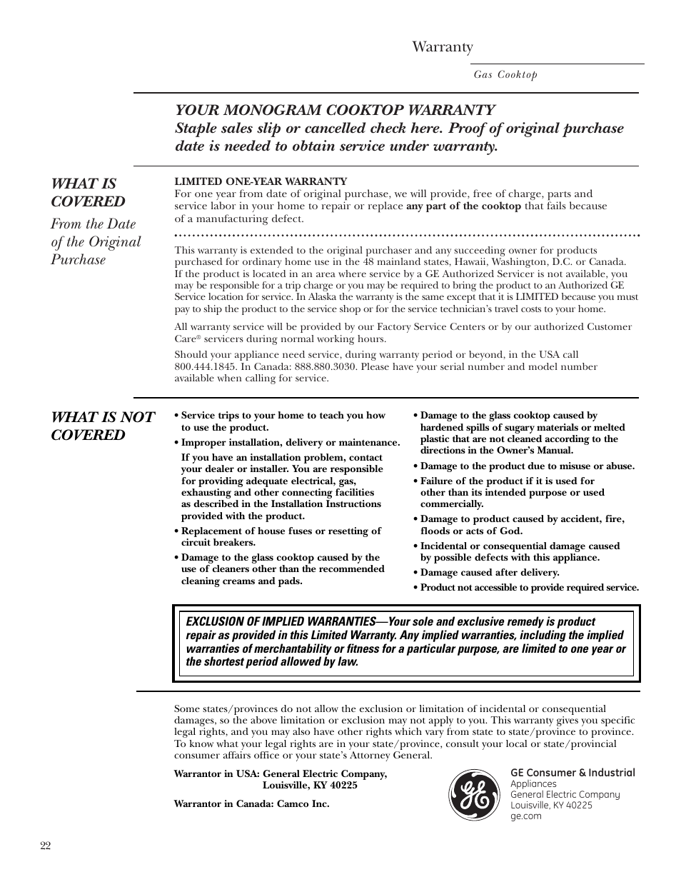 Warranty, What is not covered | GE Monogram ZGU36K User Manual | Page 22 / 24