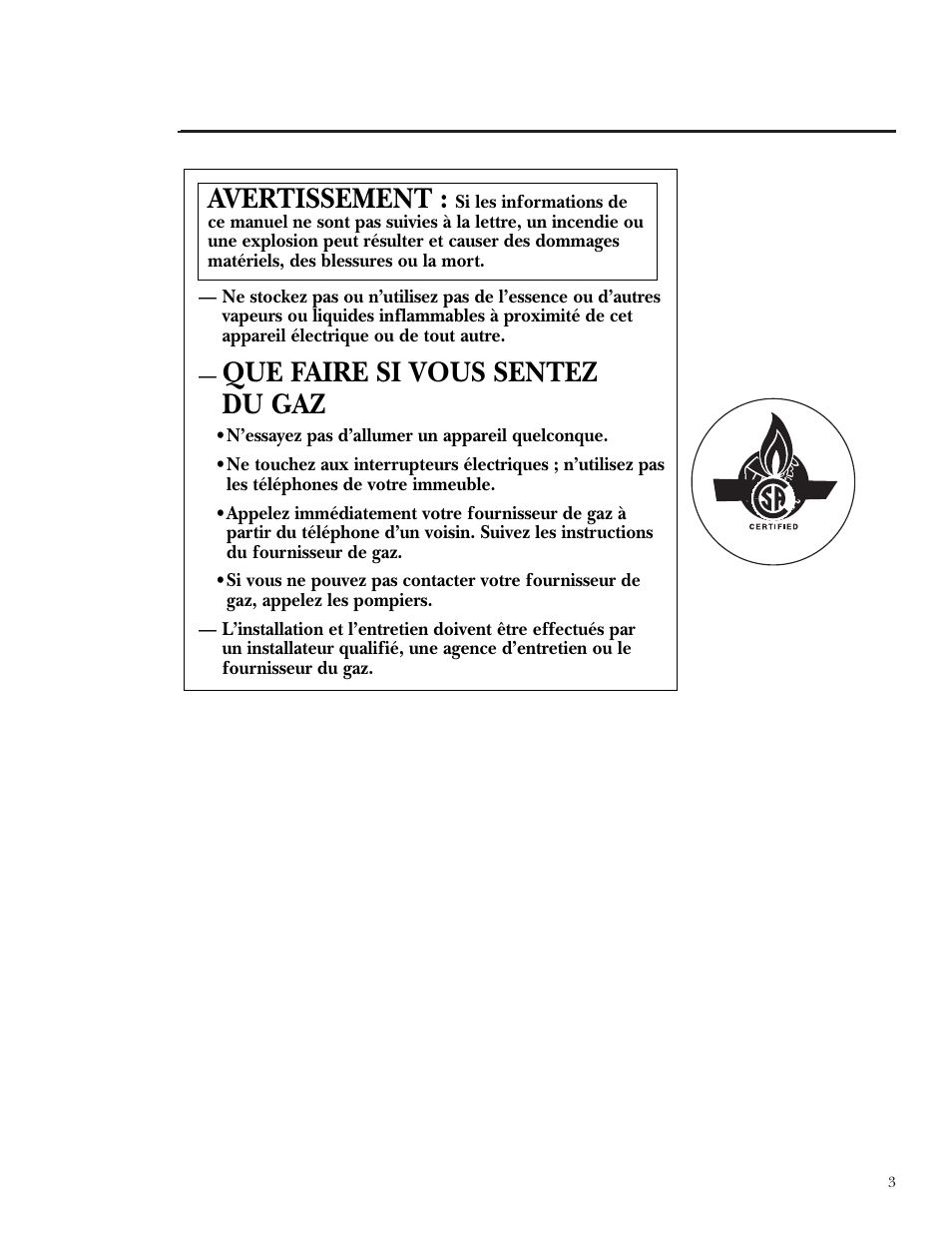 Que faire si vous sentez du gaz, Avertissement | GE Monogram ZGU36K User Manual | Page 3 / 24