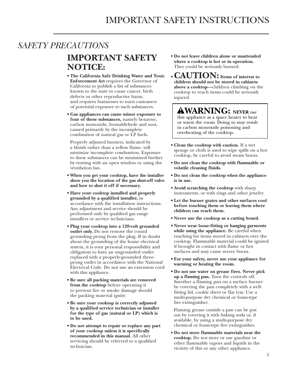 Important safety instructions, Safety precautions important safety notice, Caution | Warning | GE Monogram ZGU36K User Manual | Page 5 / 24