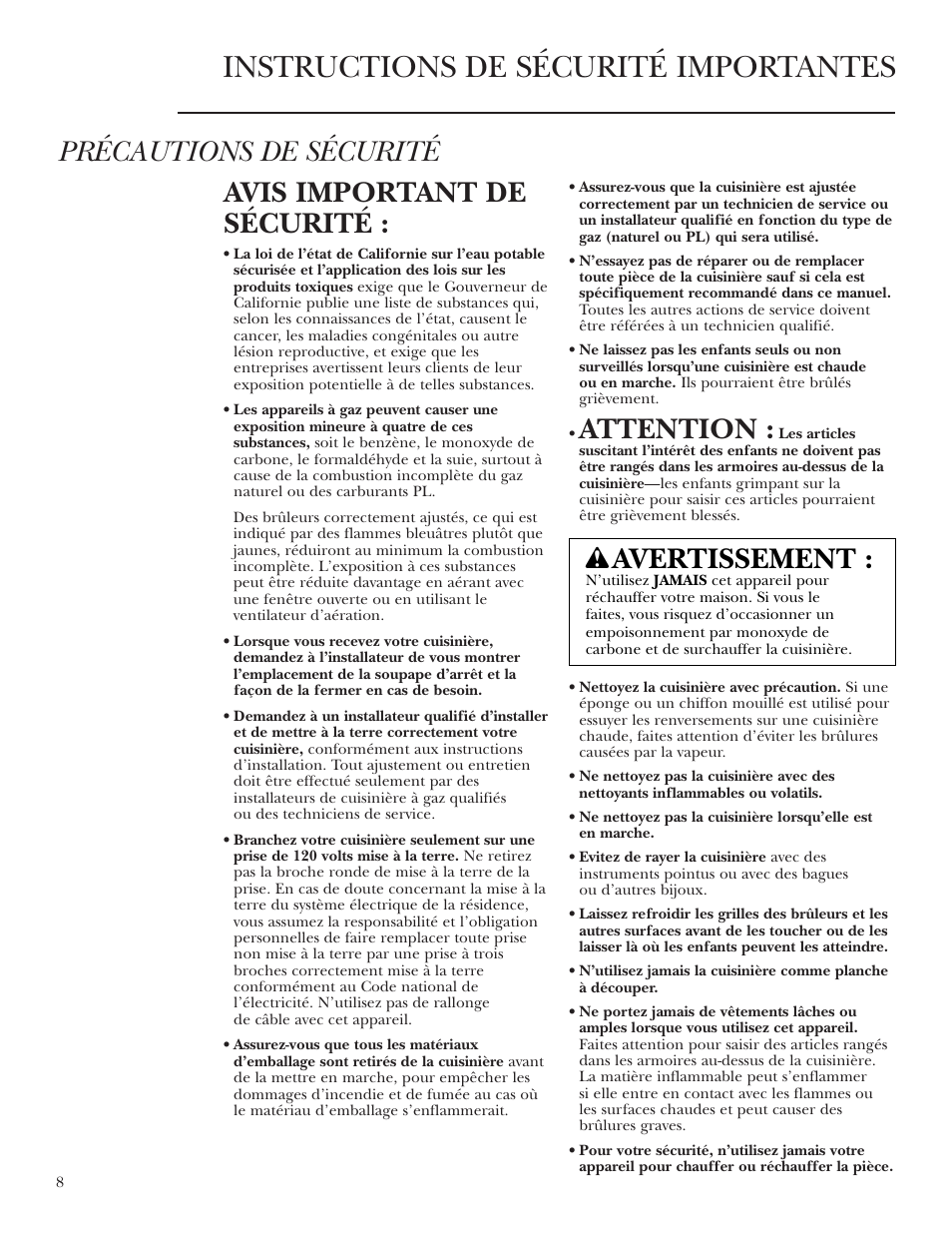 Instructions de sécurité importantes, Précautions de sécurité avis important de sécurité, Attention | Avertissement | GE Monogram ZGU36K User Manual | Page 8 / 24