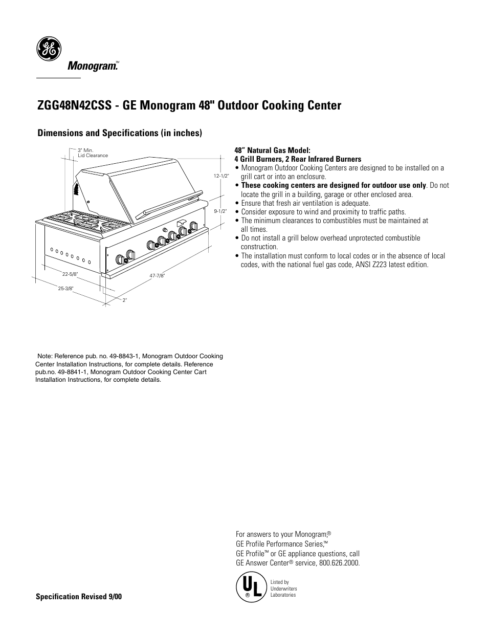 GE Monogram ZGG48N42CSS User Manual | 3 pages