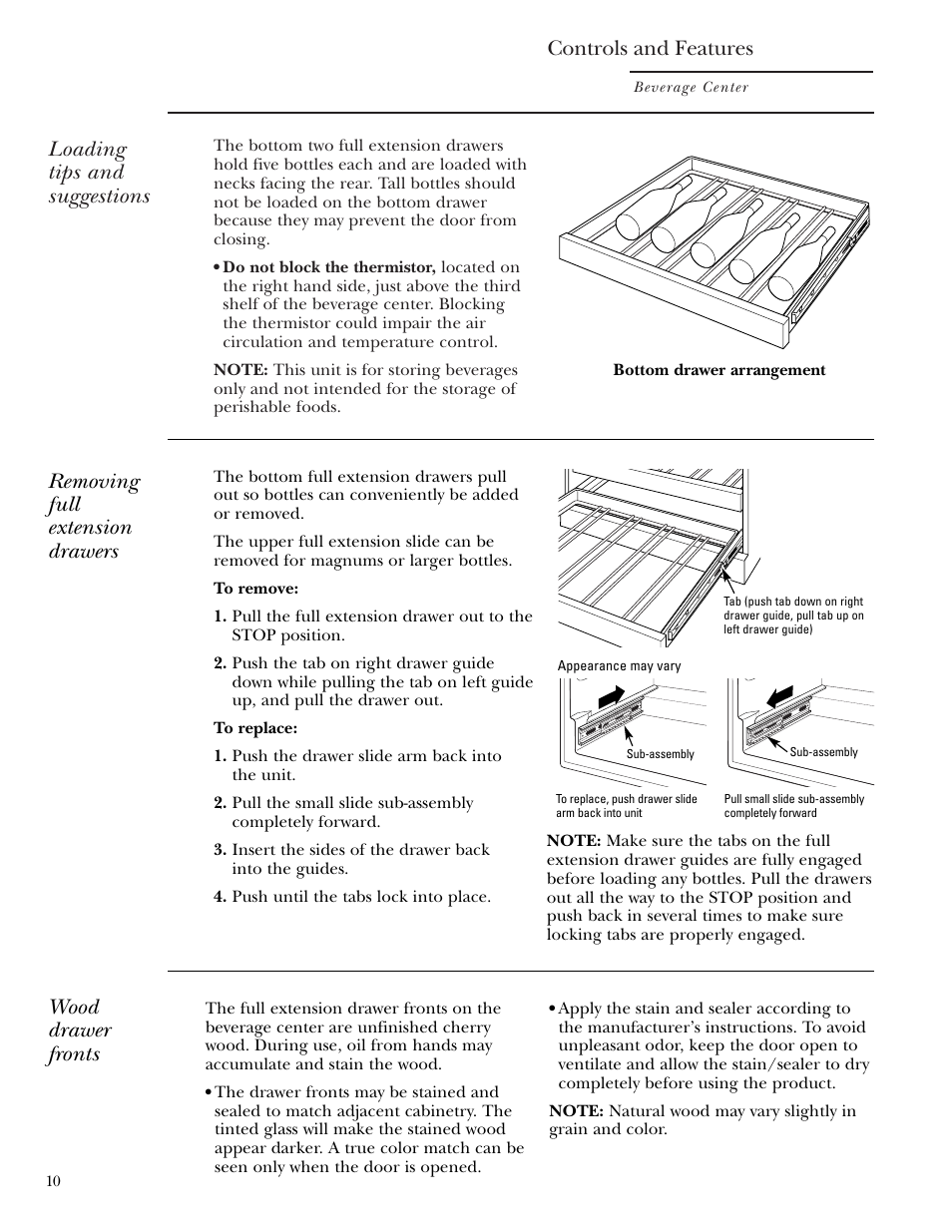 Controls and features, Loading tips and suggestions, Removing full extension drawers | Wood drawer fronts | GE Monogram ZDBT210 User Manual | Page 10 / 20