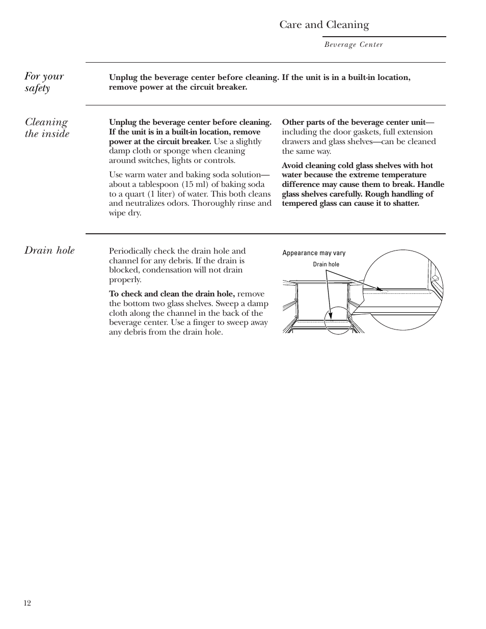 Care and cleaning, Cleaning the inside, Drain hole | For your safety | GE Monogram ZDBT210 User Manual | Page 12 / 20