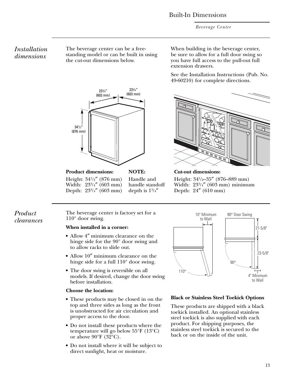 Built-in dimensions, Installation dimensions, Product clearances | GE Monogram ZDBT210 User Manual | Page 13 / 20