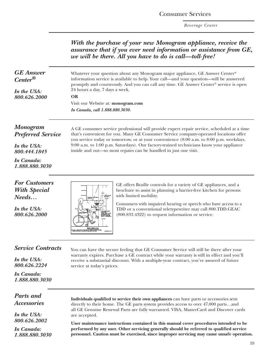 Consumer services, Monogram preferred service, Service contracts | Parts and accessories, For customers with special needs | GE Monogram ZDBT210 User Manual | Page 19 / 20