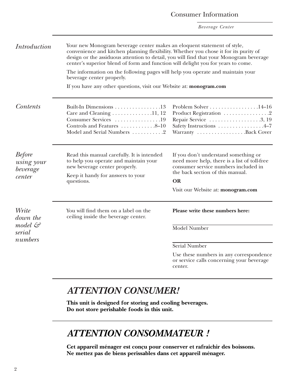 Model and serial numbers, Product registration, Attention consumer | Attention consommateur | GE Monogram ZDBT210 User Manual | Page 2 / 20