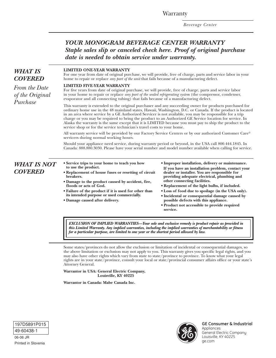 Warranty, What is not covered | GE Monogram ZDBT210 User Manual | Page 20 / 20