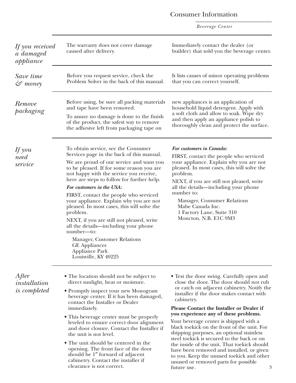 Repair service, Repair service , 19, If you received a damaged appliance | If you need service, Consumer information, After installation is completed, Remove packaging, Save time & money | GE Monogram ZDBT210 User Manual | Page 3 / 20