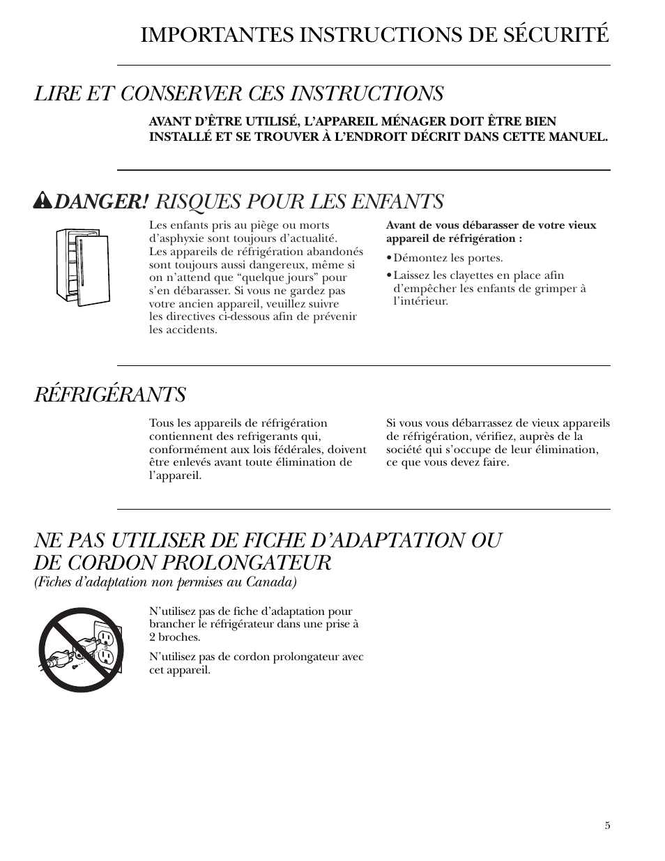W danger! risques pour les enfants, Réfrigérants | GE Monogram ZDBT210 User Manual | Page 5 / 20