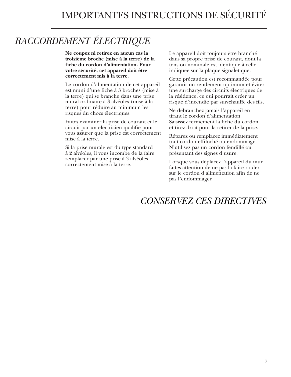 Raccordement électrique | GE Monogram ZDBT210 User Manual | Page 7 / 20