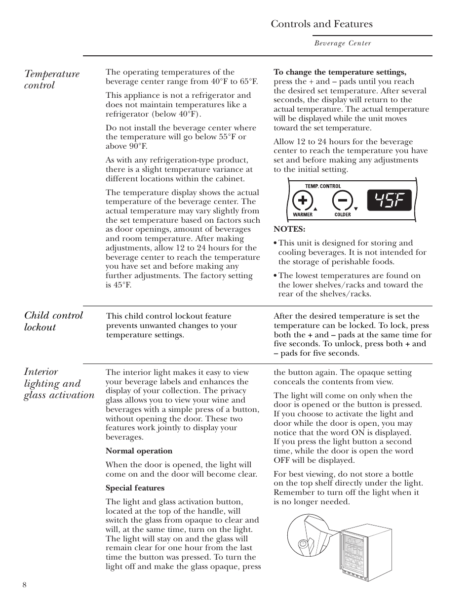 Controls and features, Controls and features –10, Interior lighting and glass activation | Temperature control, Child control lockout | GE Monogram ZDBT210 User Manual | Page 8 / 20