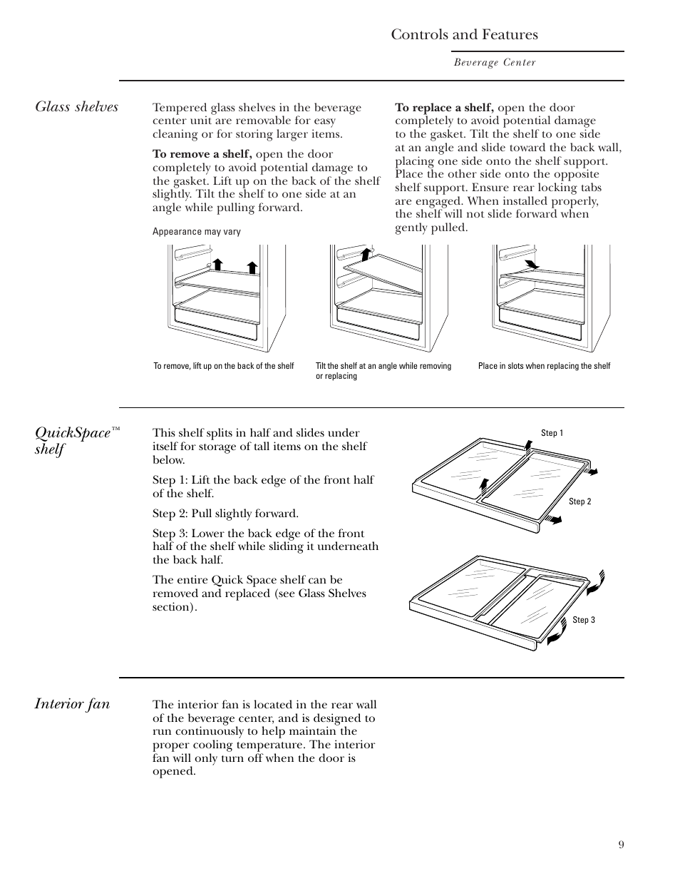 Controls and features, Glass shelves, Quickspace | Shelf, Interior fan | GE Monogram ZDBT210 User Manual | Page 9 / 20