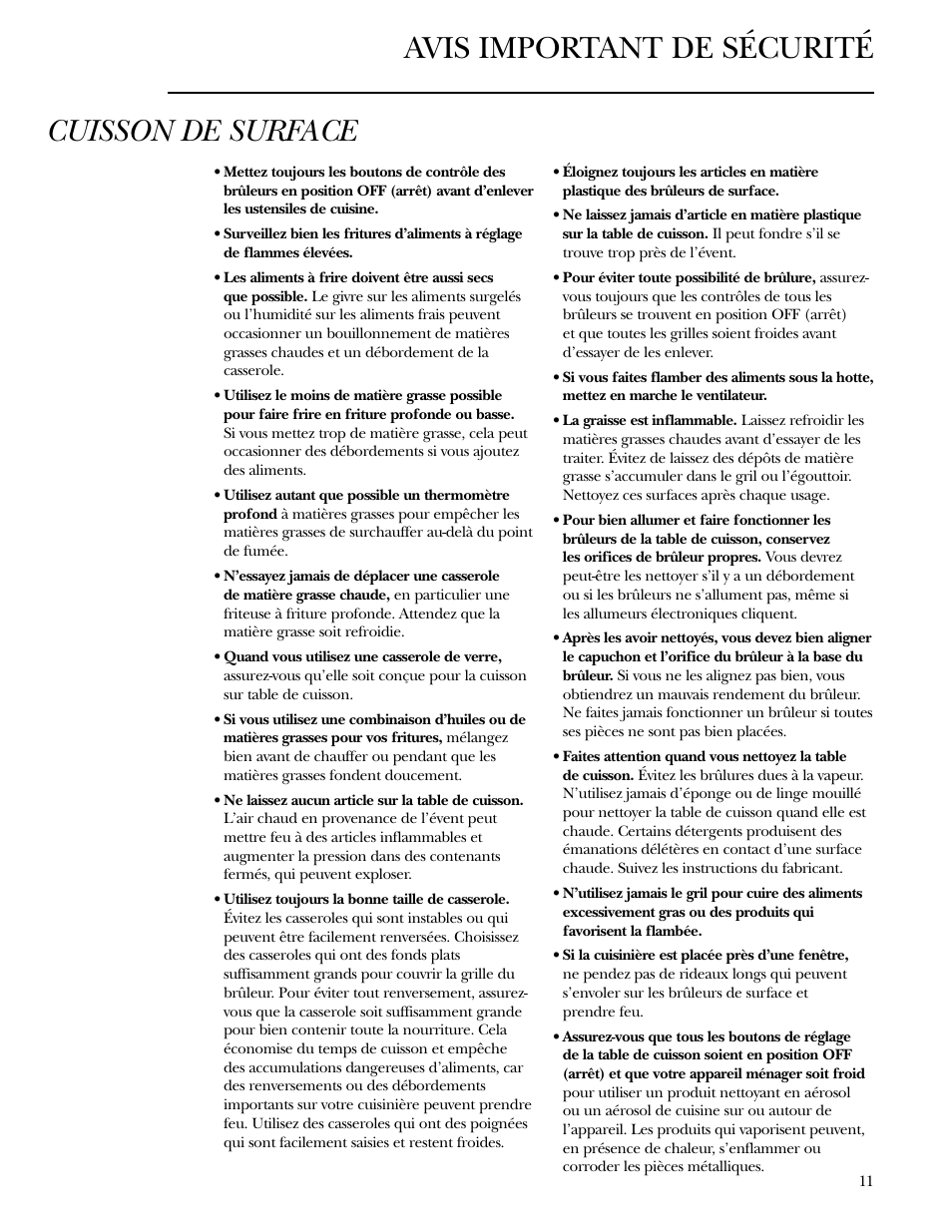 Avis important de sécurité cuisson de surface | GE Monogram ZGU36L4D User Manual | Page 11 / 28