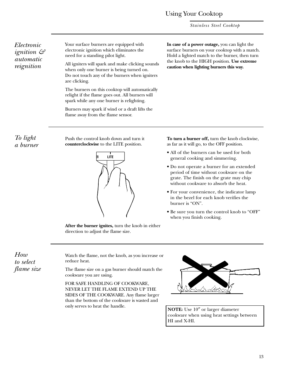 Electric ignitors, Simmering, How to select flame size | Electronic ignition & automatic reignition, Using your cooktop | GE Monogram ZGU36L4D User Manual | Page 13 / 28