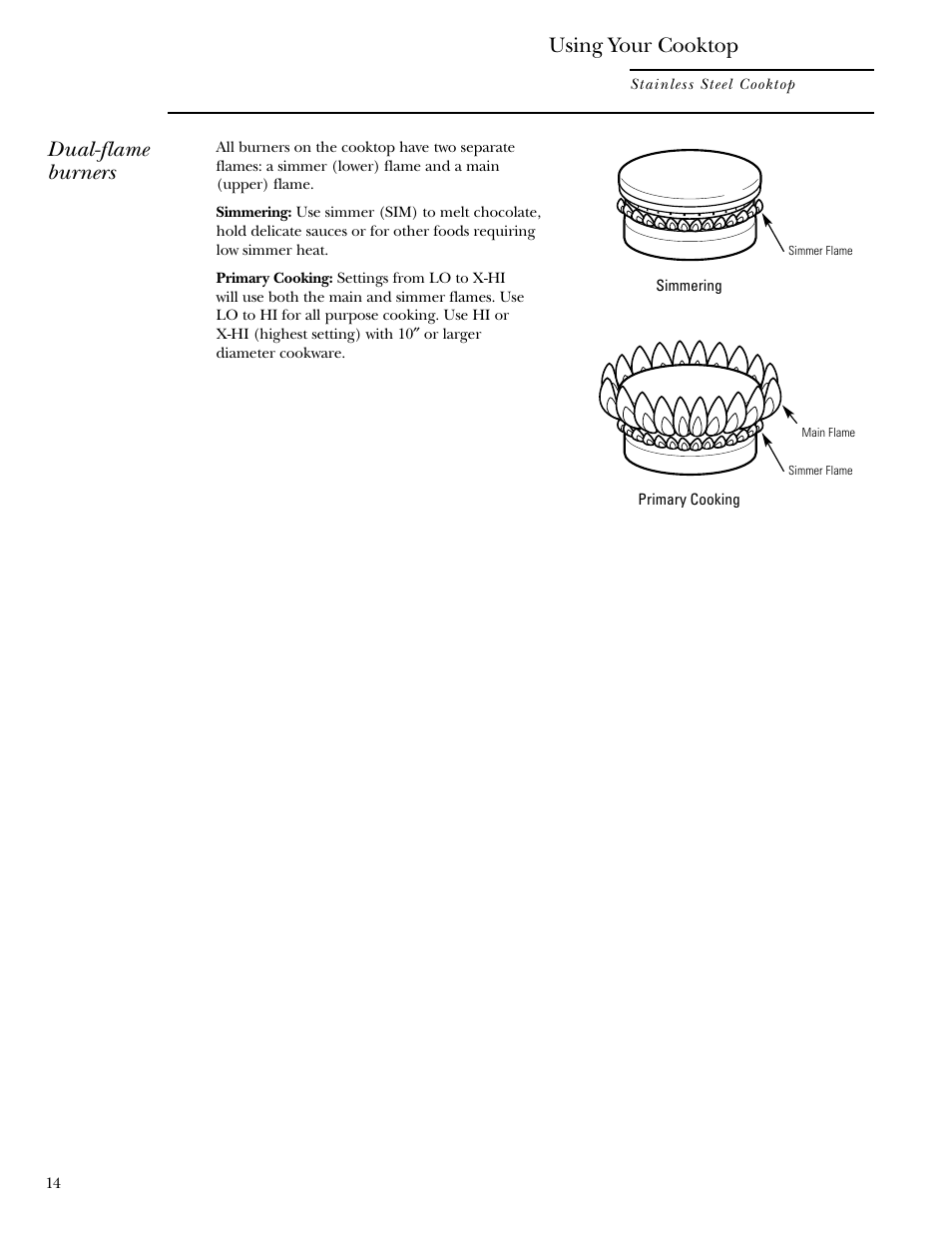 Dual-flame burners, Using your cooktop | GE Monogram ZGU36L4D User Manual | Page 14 / 28