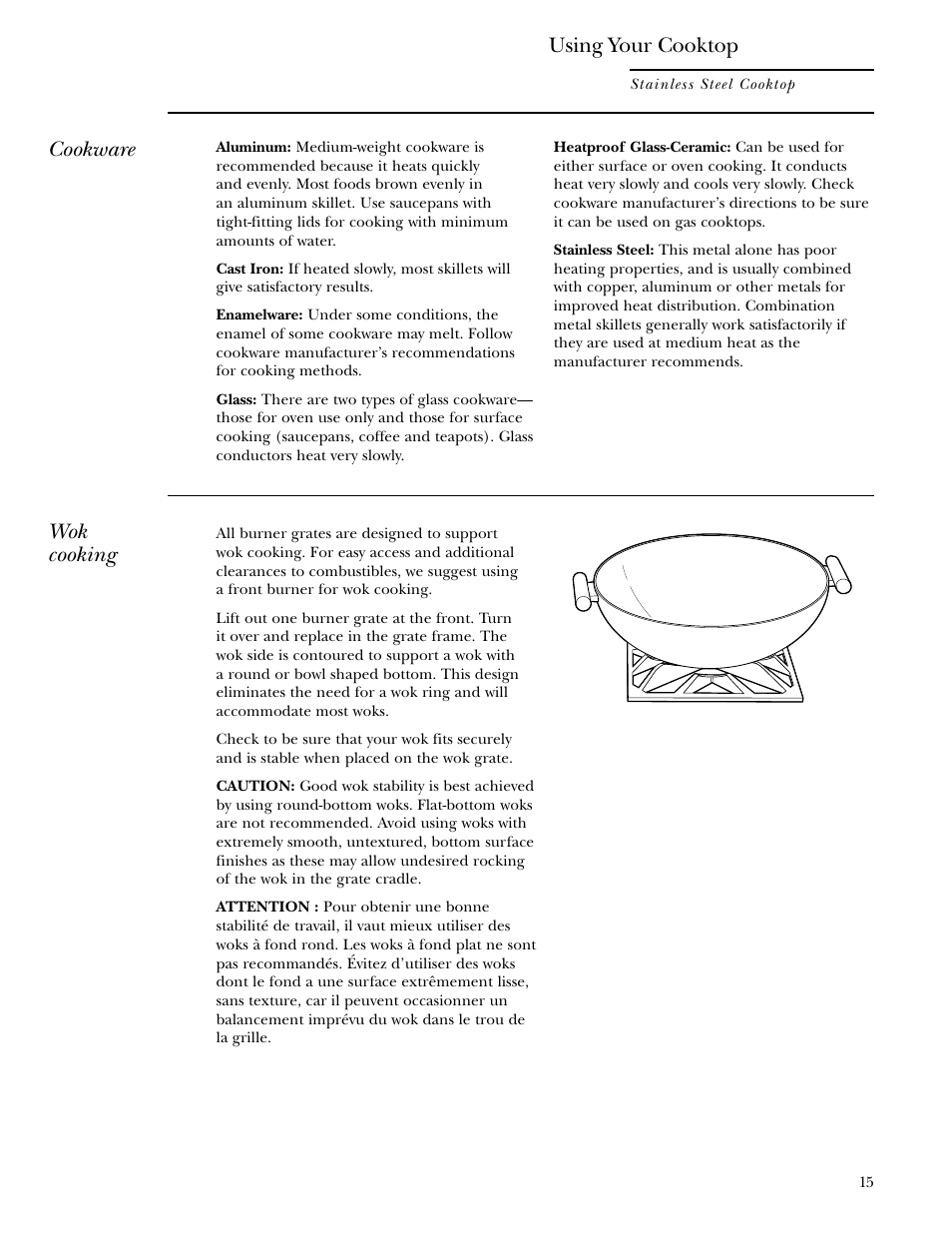 Cookware, Wok cooking, Using your cooktop | GE Monogram ZGU36L4D User Manual | Page 15 / 28