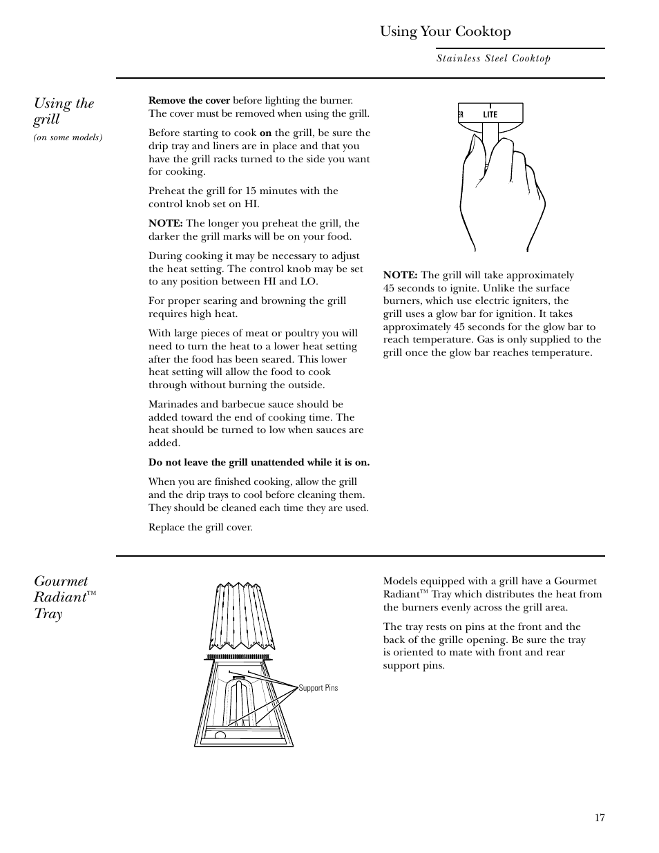 Using the grill, Gourmet radiant, Tray | Using your cooktop | GE Monogram ZGU36L4D User Manual | Page 17 / 28